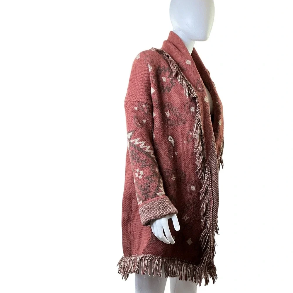 Womens Large Southwestern Fringe Open Front Cardigan Rust 12W2790N - Picture 14 of 16